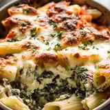 A bowl of pasta with cheese and spinach.