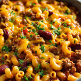A bowl of macaroni and cheese with meat and vegetables.
