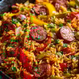 A bowl of rice with sausage and peppers.