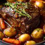 A roast beef dinner with potatoes and carrots.