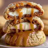 A stack of cookies with caramel drizzled on top.