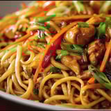 A plate of noodles with vegetables.