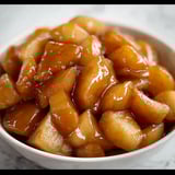 A bowl of apples with a brown sauce.