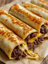 A burrito with cheese and meat.
