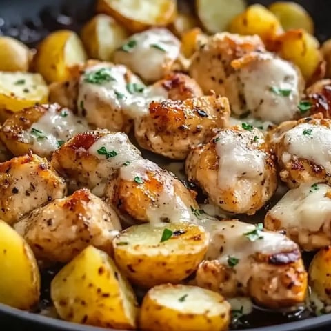 A plate of food with chicken, potatoes, and cheese.